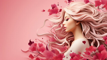 Obraz na płótnie Canvas Woman banner surrounded flowers, blondie hair, copy space on pastel background, 8 march, cosmetics advertising, eyelashes, international women's day, celebrate, beauty, pride