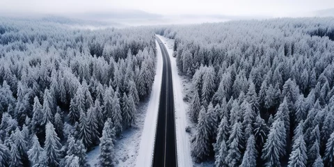 Rugzak Generative AI, Misty winter fir forest beautiful landscape with road, in hipster vintage retro style, evergreen trees with show   © DELstudio