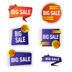 
sale label set, big sale tag collection, special offer, vector sales tag collection, modern orange, purple, isolated white background, business purpose