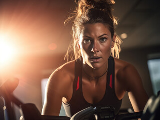 Fototapeta na wymiar A close-up portrait captures a woman as she engages in cardio exercise on an exercise bike, demonstrating her commitment to health and wellbeing.
