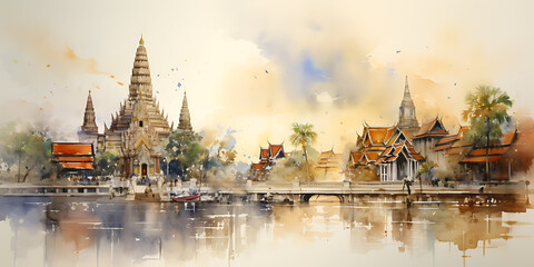 Watercolor and line drawings of temples and pagodas along the river - obrazy, fototapety, plakaty