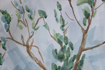 Branches with green leaves. Laconic watercolor painting. Floral illustration.