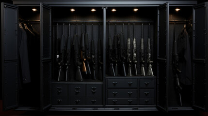 Safe for firearms. The inside of a gun cabinet. Safe storage of rifles, carbines, pistols. Black interior and gun holders. A metal gun safe. Safe storage for weapons