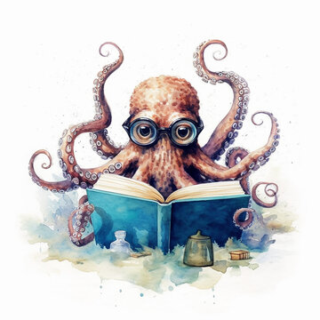 Watercolor illustration of an octopus in glasses with a book.