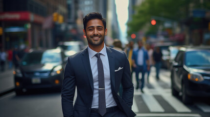 Fototapeta na wymiar A smiling Asian Indian businessman in a sharp suit walks along a busy city street during his office commute, with the blurred, bustling street as the backdrop.