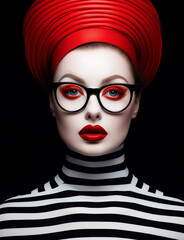 Closeup of woman with striped sweater. Contemporary and sophisticated fashion and makeup concept. AI generative