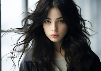 Fototapeta premium Natural portrait of woman with long black hair. AI generative