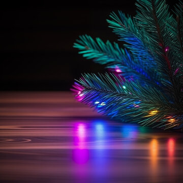 Pine tree leaf on the reflective wooden table and RGB background lights