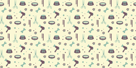 Colorful background for grooming salon and pet shop, t-shirt, web page, fabrics. Seamless pattern paw, bone, scissors, bowl, collar, hair dryer.