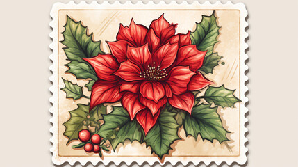 Stamped Poinsettia Illustration, Artistic stamp illustration of a vibrant red poinsettia, a classic symbol of festive cheer, rendered with attention to detail and shading