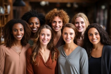 Half-length studio portrait of seven cheerful young diverse multiethnic women. Female friends in beautiful dresses smiling at camera while posing together. Diversity, beauty, friendship concept.