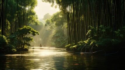 Obraz premium Misty morning sunlight streaming through bamboo forest, casting shadows on flowing river. Nature's serenity.