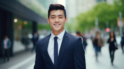 Fototapeta premium This image features a cheerful Asian businessman in a suit walking through a bustling city street on his way to the office, with the blurred street enhancing the urban vibe.