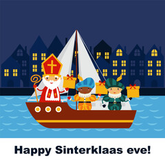 Cute greeting card with Saint Nicholas with mitre, pastoral staff and gifts. Sinterklaas and Black Peters on boat. European winter tradition. Sinterklaas with kids on steamboat