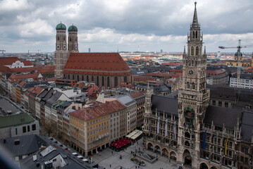 Fototapeta na wymiar View of Frauenkirche and Marienplatz as seen from the top St. Peter's Church in Munich