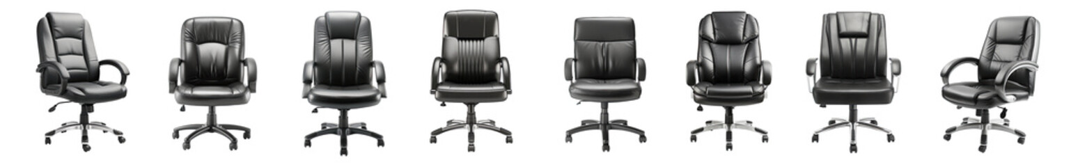 Naklejka premium Collection of modern luxury black leather office chairs isolated on a transparent background. PNG, cutout, or clipping path.