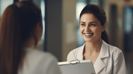 A doctor with a clipboard converses with a smiling patient at the hospital, conveying a comforting healthcare encounter.