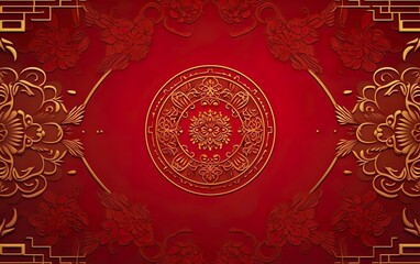 Happy Chinese New Year poster. Golden pattern isolated on red cloth. Traditional textile background. Asian elegant floral texture. Symmetry, beauty. AI Generative