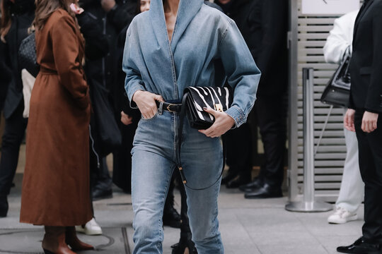 Paris, France - January 25, 2023: fashioner wearing Alaia Zebra shoulder bag. Fashion blogger outfit details, street style