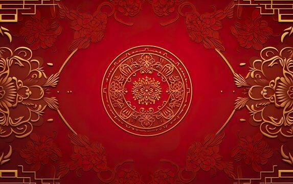 Happy Chinese New Year poster. Golden pattern isolated on red cloth. Traditional textile background. Asian elegant floral texture. Symmetry, beauty. AI Generative