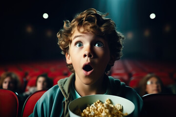 Astonished Boy in Awe A Gaze of Surprised Wonder While Watching a Movie in the Cinema. created with Generative AI