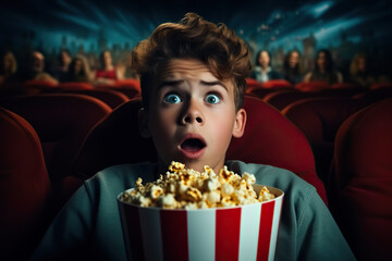 Astonished Boy in Awe A Gaze of Surprised Wonder While Watching a Movie in the Cinema. created with Generative AI