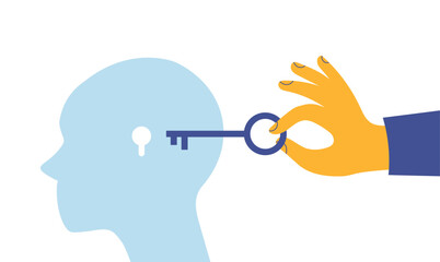 Abstract metaphor of psychotherapy and psychology. Human head with a keyhole and key. Concept of solving difficult situation. Open mind. Health care. Vector illustration in a trendy flat style.