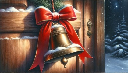 High-quality watercolor of a vintage brass bell with a red ribbon hanging against a snow-covered wooden door, evoking festive anticipation. - obrazy, fototapety, plakaty