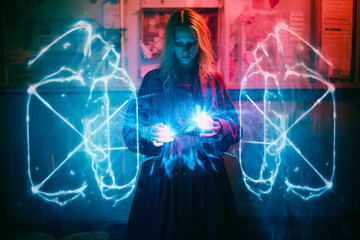 Magician casts a spell  