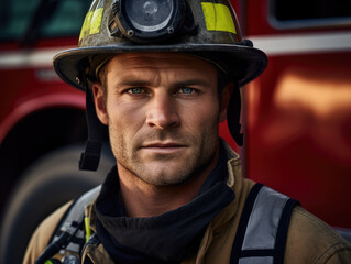 A male firefighter in front of a firetruck, standing confidently and looking directly at the camera
