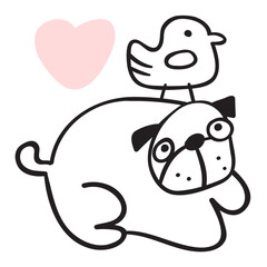 Dog and little bird. Friendship. Concept for veterinary, volunteer. Vector outline illustration.