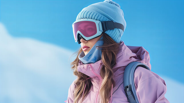 Young woman in blue winter outfit wearing ski goggles and warm knitted hat isolated on blue background