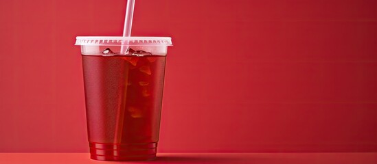 A cup made of red plastic filled with juice
