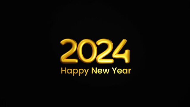 2024 Happy New year golden text balloon effect, beautiful animation golden shine flying text