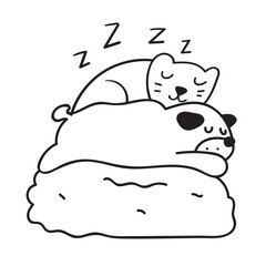 Dog and cat sleep together. Best friends. Graphic design black color. Vector outline illustration