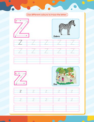 Z alphabet tracing practice worksheet. Educational coloring book page with outline vector illustration for preschool