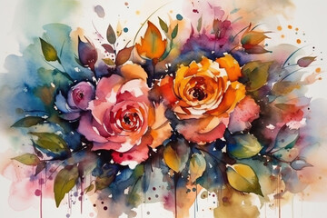 Beautiful watercolor bouquet of roses. Hand-drawn illustration.