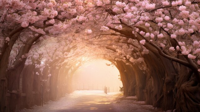 The delicate scent of morning blooms filling the air in a tunnel formed by intertwining cherry blossoms.