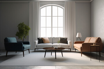 Living room interior with sofa and plant. 3d render illustration.