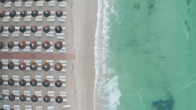 Aerial drone view of Paliouri Beach in Kassandra Sithonia penisula  Chalkidiki Greece Aerial drone view of Paliouri Beach Chrousso Village in Kassandra Sithonia penisula  Chalkidiki Greece