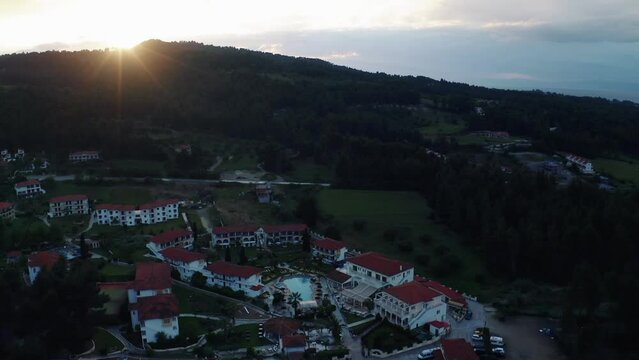 Aerial drone view of Paliouri Beach in Kassandra Sithonia penisula  Chalkidiki Greece Aerial drone view of Paliouri Beach Chrousso Village in Kassandra Sithonia penisula  Chalkidiki Greece