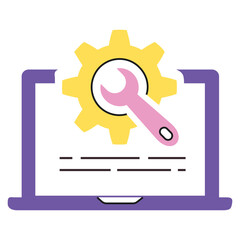 A website page icon with a cog and wrench, representing website maintenance, website development, website construction, website repair, and website improvement.