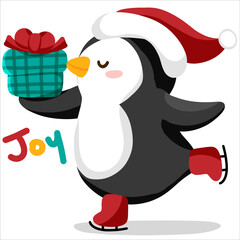 Merry christmas Pengiun, Penguins Gifting Happiness on Christmas Day with Ice Skates and Merry Cheer.