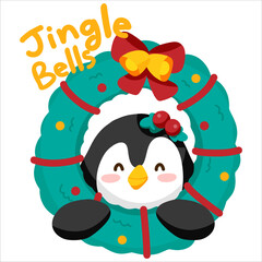Penguins Delighting in Decorating Their Christmas Wreath in Front of Their Home, Radiating Smiles and Laughte.