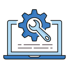 A website page icon with a cog and wrench, representing website maintenance, website development, website construction, website repair, and website improvement.