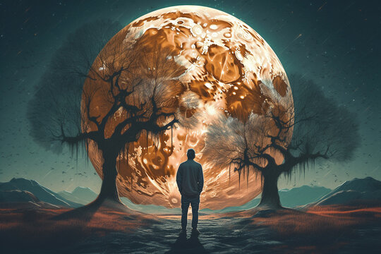 Fantasy landscape with a big tree and a man looking at the full moon