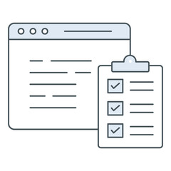 An icon of a browser with text and a clipboard with checks, representing web browsing, content management, productivity, efficiency, and copy and paste.