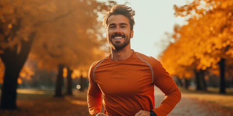 Man runner running in park at autumn morning. Healthy lifestyle concept. Marathon and fitness healthy lifestyle , generative ai - obrazy, fototapety, plakaty