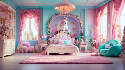 Creative and bright eco design of a girl's room with unicorn. Bright fantasy concept in pastel colors of baby room.