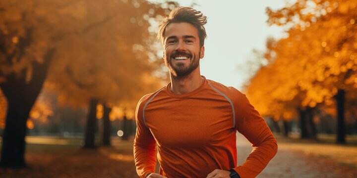 Man Runner Running In Park At Autumn Morning. Healthy Lifestyle Concept. Marathon And Fitness Healthy Lifestyle , Generative Ai